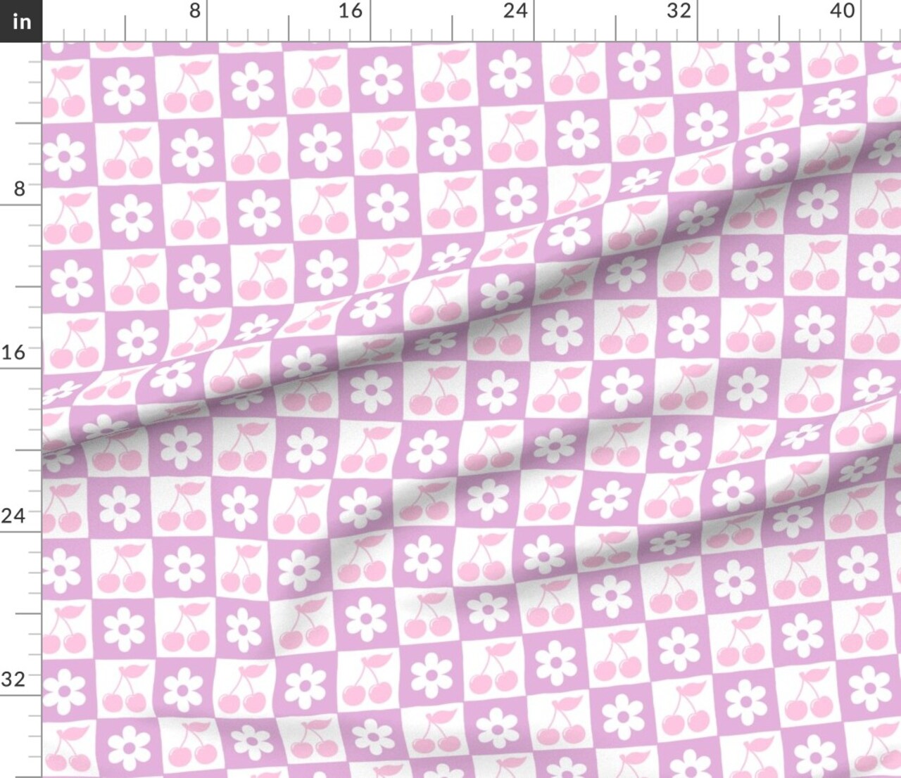 Coquette Retro Vintage Y2K Pink And Purple Cherry Daisy Checkered Custom Printed Fabric by Spoonflower Various Fabrics by the Yard or Fat Quarter